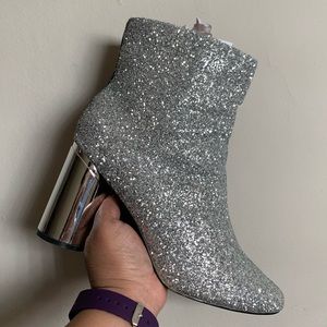 Ashley Stewart Denim White and Silver Booties